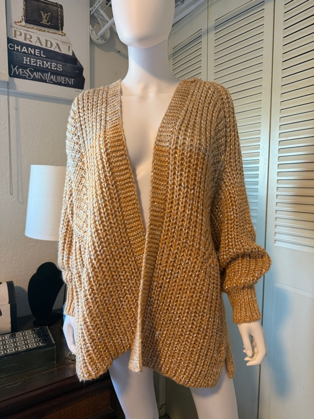 Maeve Anthropologie Chunky Knit Oversized Cardigan Sweater Metallic Beige Size S